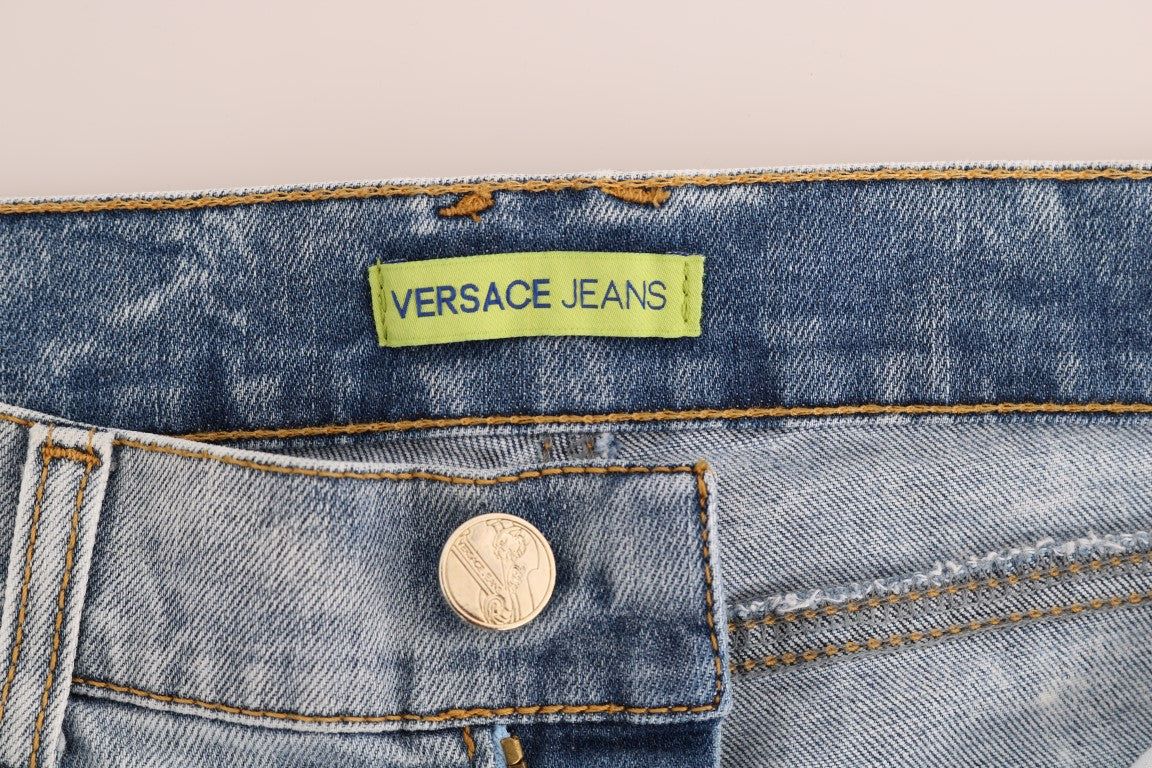 Versace Jeans Men's Blue Wash Torn Stretch Slim Fit Jeans – Logo Detail, 5-Pocket