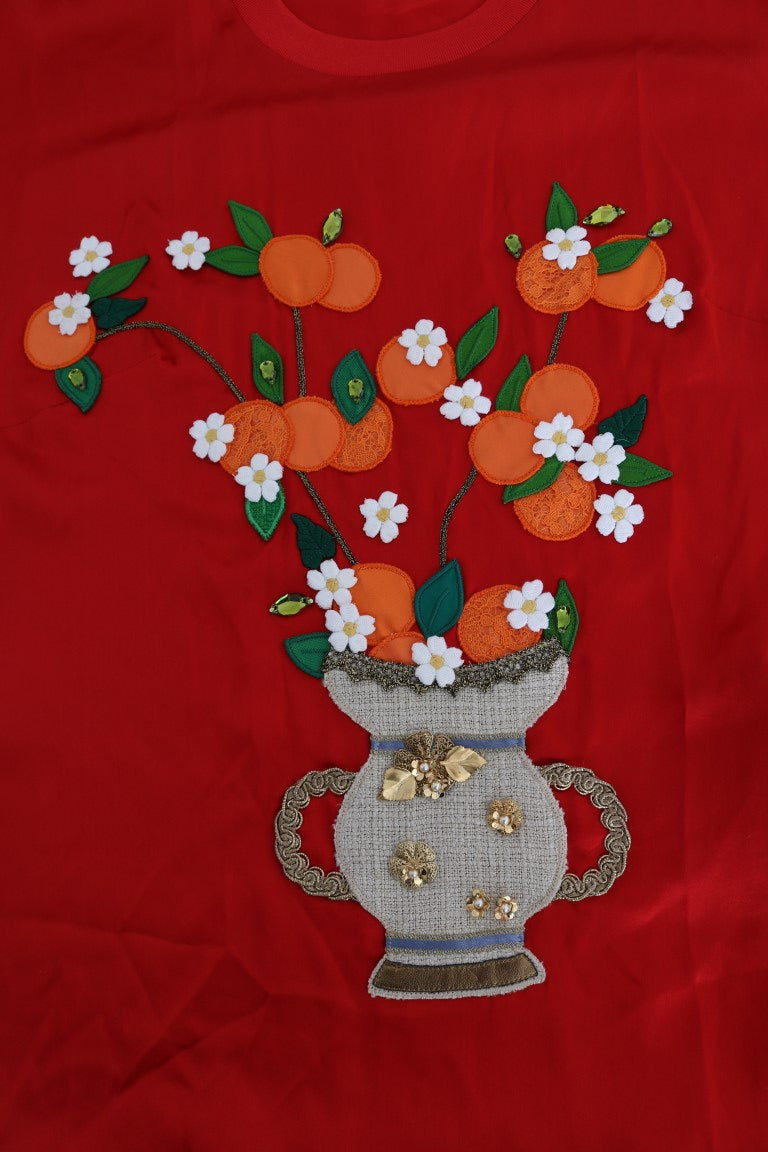Dolce & Gabbana Red Silk Orange Vase Crystal Top
