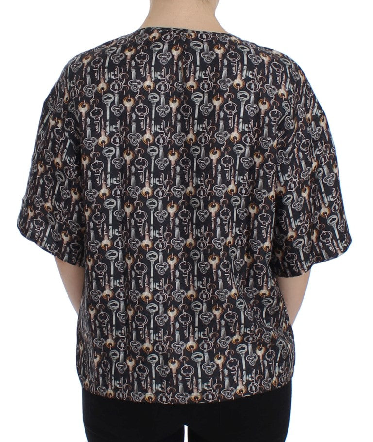 Dolce & Gabbana Gray Gold Key Print Silk Blouse T-shirt