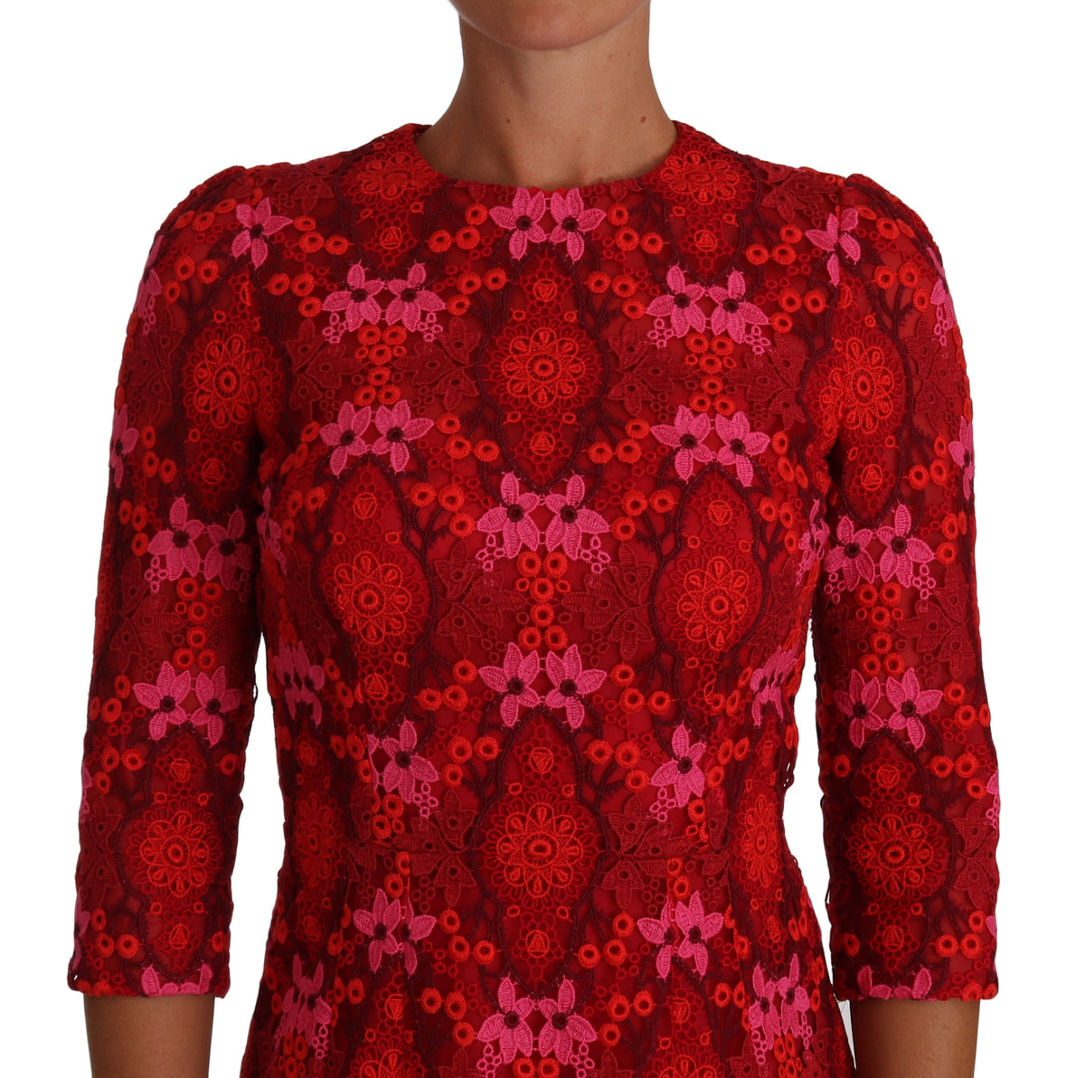 Dolce & Gabbana Floral Crochet Lace Red Pink Sheath Dress