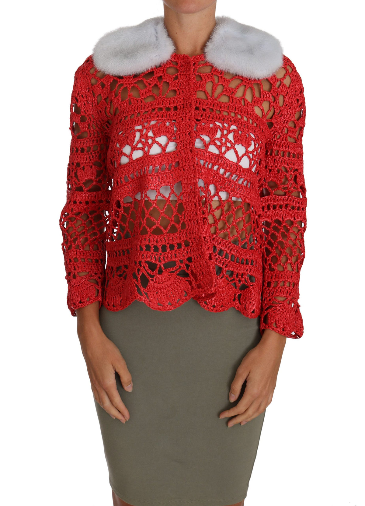 Dolce & Gabbana Red Cardigan Crochet Knit Raffia Sweater