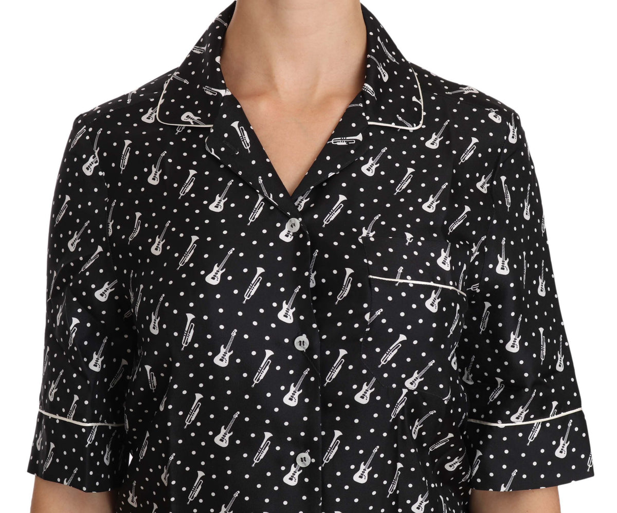 Dolce & Gabbana Black GuitarTrumpet Print Silk Shirt Top