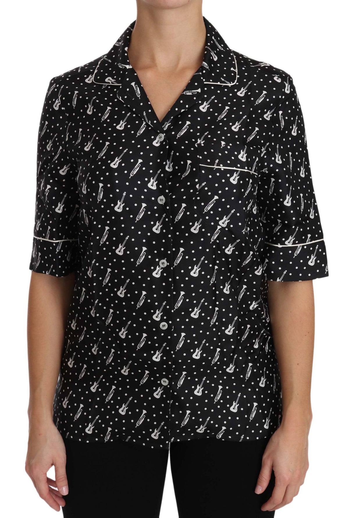 Dolce & Gabbana Black GuitarTrumpet Print Silk Shirt Top