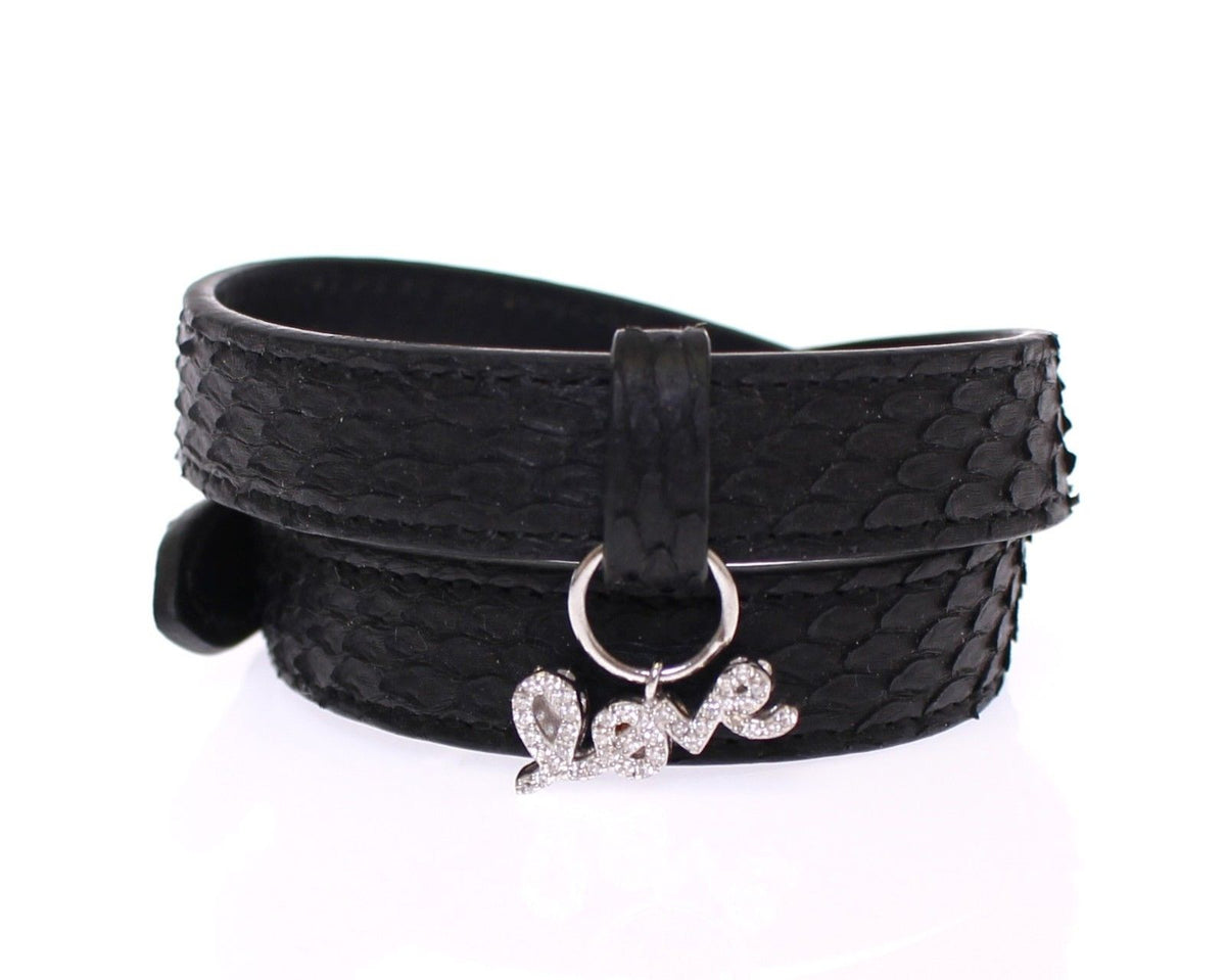 Nialaya Men's Black Snakeskin & 925 Silver CZ ‘LOVE’ Bracelet – Buckle Closure, Handmade in Hollywood