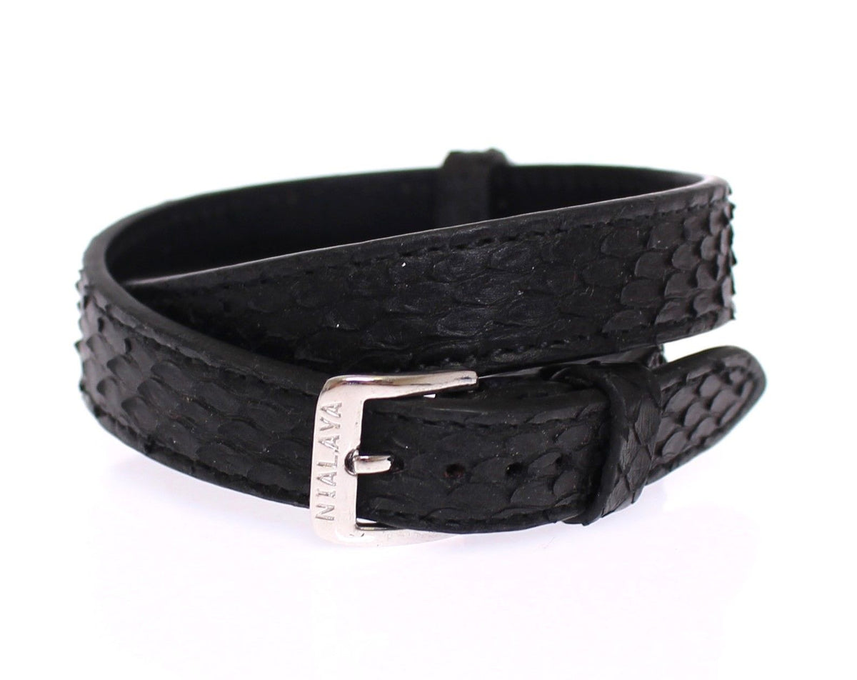 Nialaya Men's Black Snakeskin & 925 Silver CZ ‘LOVE’ Bracelet – Buckle Closure, Handmade in Hollywood