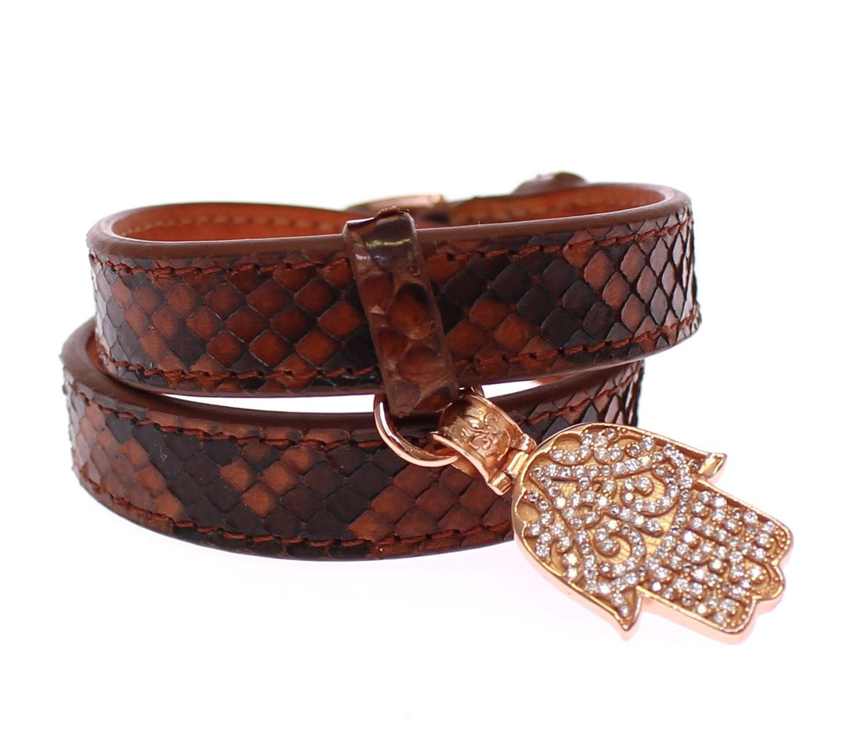 Nialaya Men's Brown Snakeskin & Rose 18K Gold 925 Silver CZ Hamsa Eye Bracelet – Buckle Closure, Handmade in Hollywood