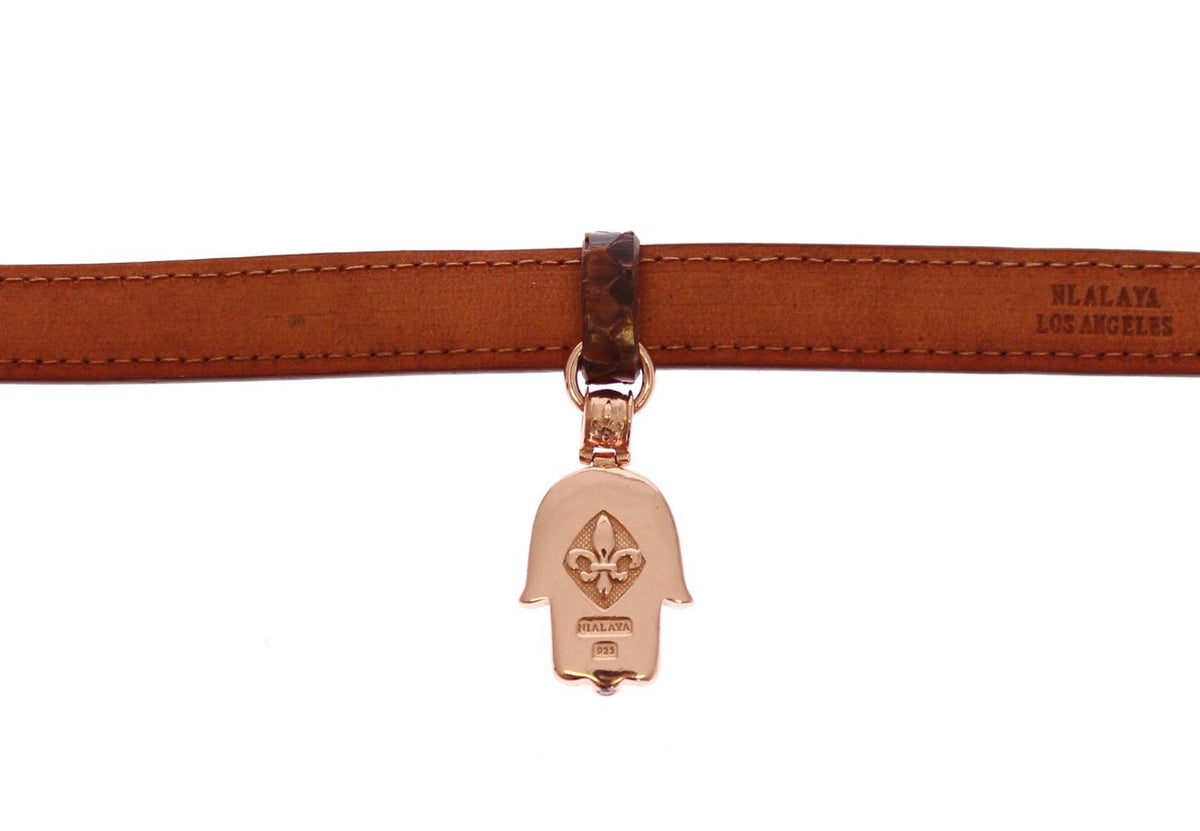 Nialaya Men's Brown Snakeskin & Rose 18K Gold 925 Silver CZ Hamsa Eye Bracelet – Buckle Closure, Handmade in Hollywood