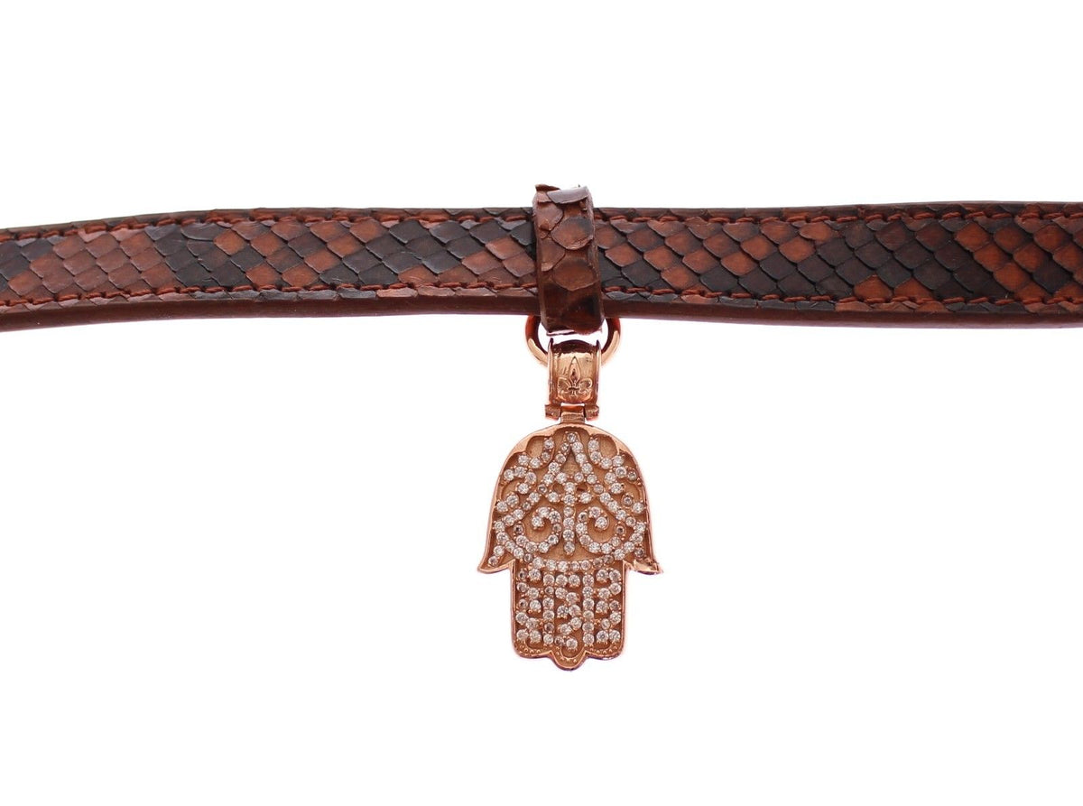 Nialaya Men's Brown Snakeskin & Rose 18K Gold 925 Silver CZ Hamsa Eye Bracelet – Buckle Closure, Handmade in Hollywood