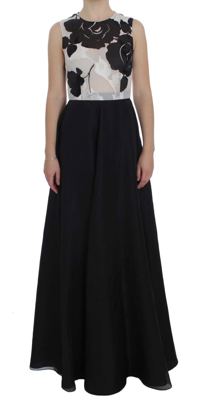 Dolce & Gabbana Black & White Floral Print Silk Sheath Gown – Full Length, Back Zipper, Logo Detail, Made in Italy (IT40 / S)