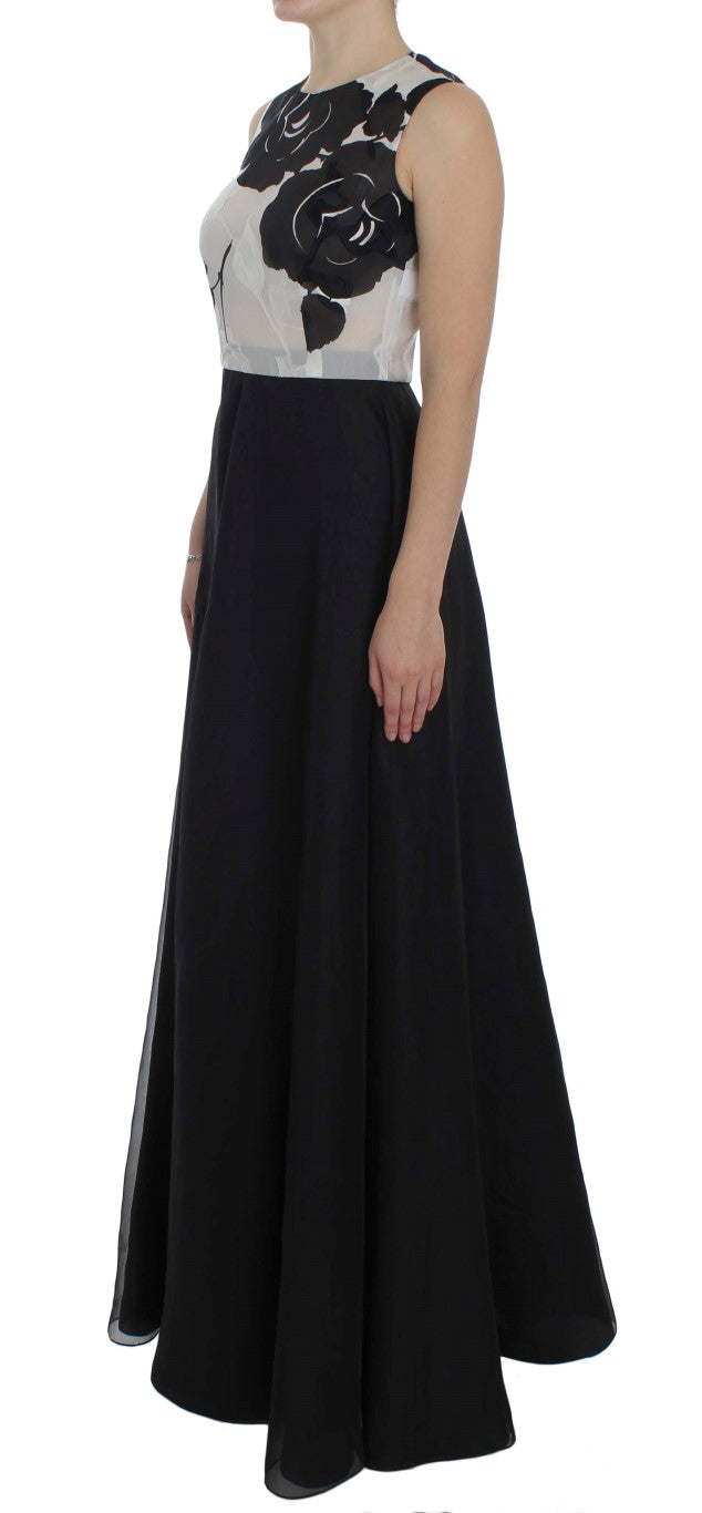 Dolce & Gabbana Black & White Floral Print Silk Sheath Gown – Full Length, Back Zipper, Logo Detail, Made in Italy (IT40 / S)