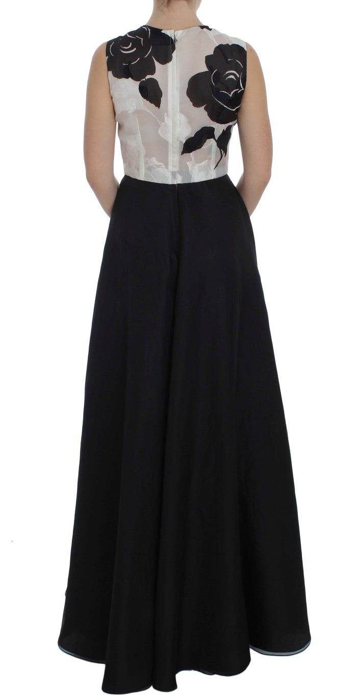 Dolce & Gabbana Black & White Floral Print Silk Sheath Gown – Full Length, Back Zipper, Logo Detail, Made in Italy (IT40 / S)
