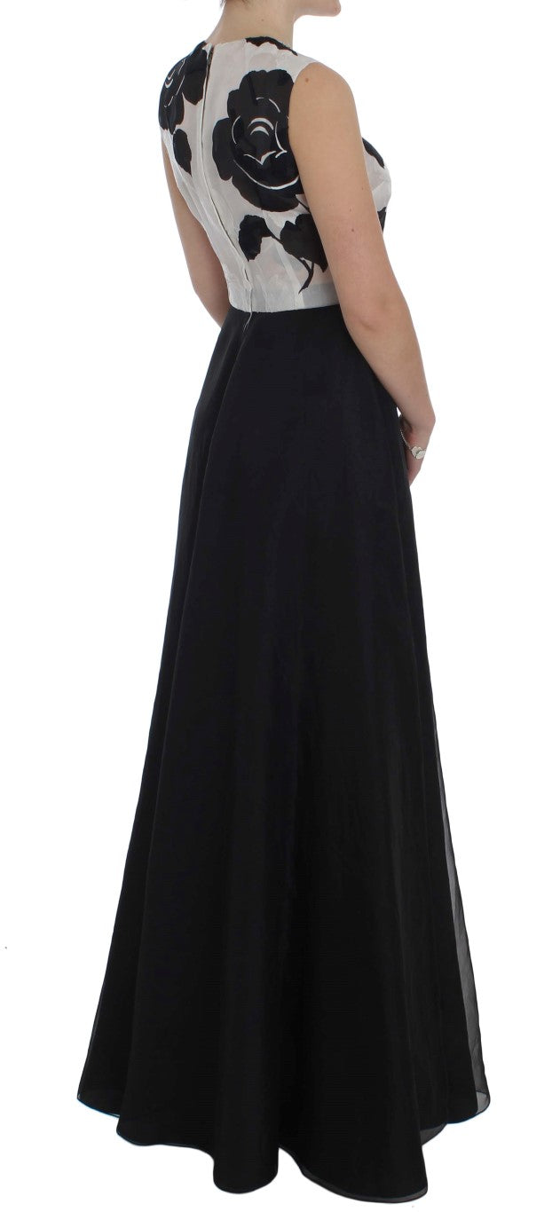 Dolce & Gabbana Black & White Floral Print Silk Sheath Gown – Full Length, Back Zipper, Logo Detail, Made in Italy (IT40 / S)