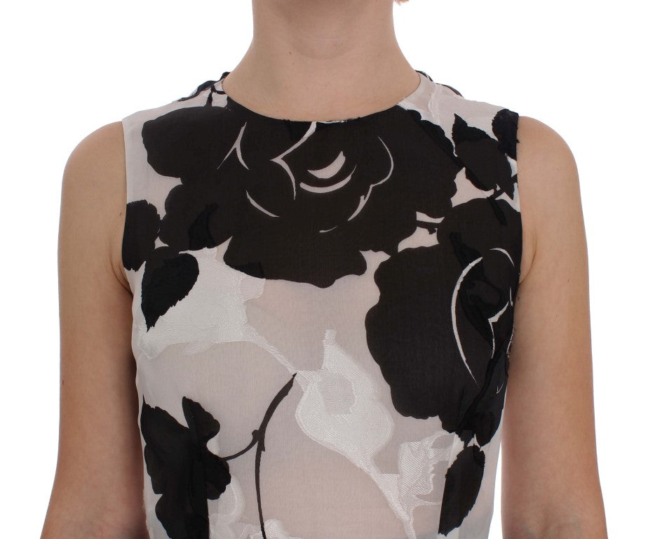 Dolce & Gabbana Black & White Floral Print Silk Sheath Gown – Full Length, Back Zipper, Logo Detail, Made in Italy (IT40 / S)