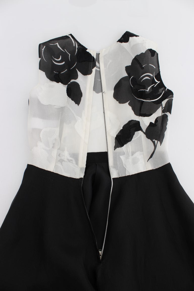 Dolce & Gabbana Black & White Floral Print Silk Sheath Gown – Full Length, Back Zipper, Logo Detail, Made in Italy (IT40 / S)