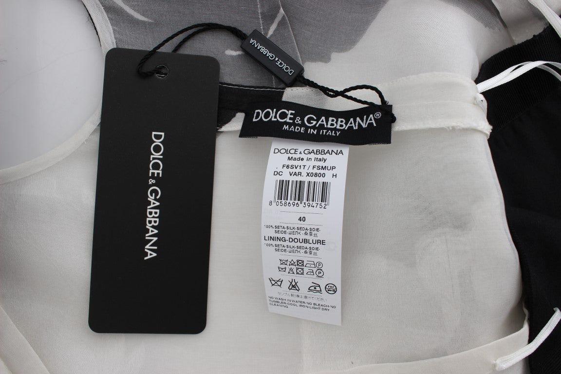 Dolce & Gabbana Black & White Floral Print Silk Sheath Gown – Full Length, Back Zipper, Logo Detail, Made in Italy (IT40 / S)