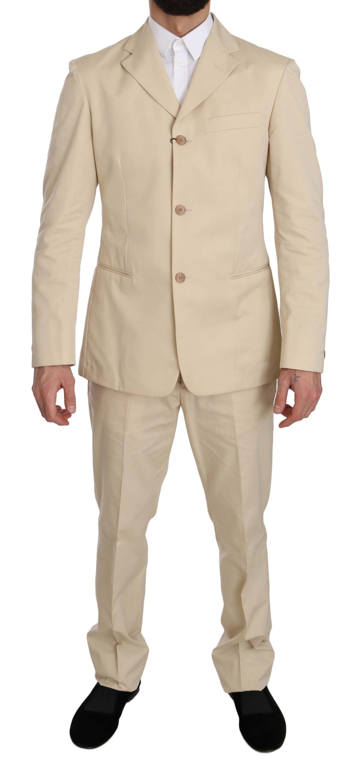Romeo Gigli Men's Beige 3-Button Solid Cotton Two-Piece Suit – Made in Italy