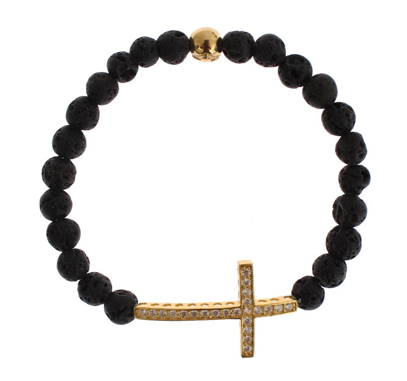 Nialaya Women's Black & Gold Lava Stone CZ Diamond Cross 925 Silver Bracelet – Handmade in Hollywood