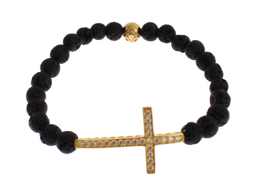 Nialaya Women's Black & Gold Lava Stone CZ Diamond Cross 925 Silver Bracelet – Handmade in Hollywood