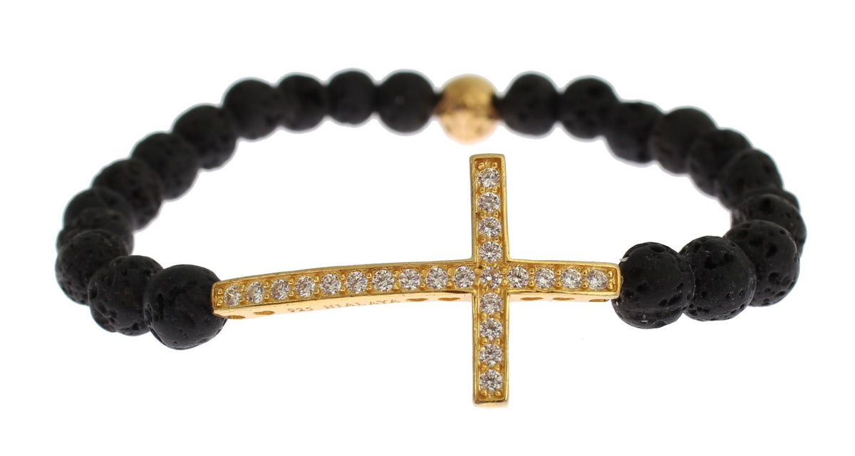 Nialaya Women's Black & Gold Lava Stone CZ Diamond Cross 925 Silver Bracelet – Handmade in Hollywood