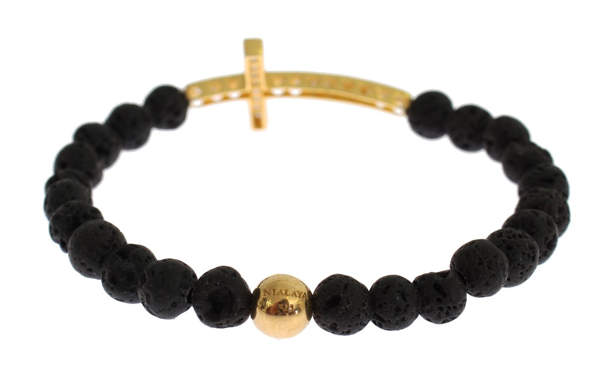 Nialaya Women's Black & Gold Lava Stone CZ Diamond Cross 925 Silver Bracelet – Handmade in Hollywood