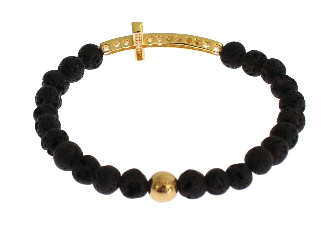 Nialaya Women's Black & Gold Lava Stone CZ Diamond Cross 925 Silver Bracelet – Handmade in Hollywood