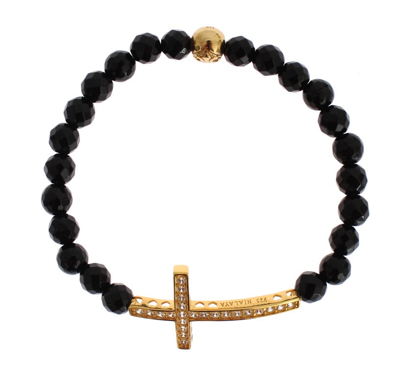 Nialaya Women's Black & Gold Agate Stone CZ Diamond Cross 925 Silver Bracelet – Handmade in Hollywood