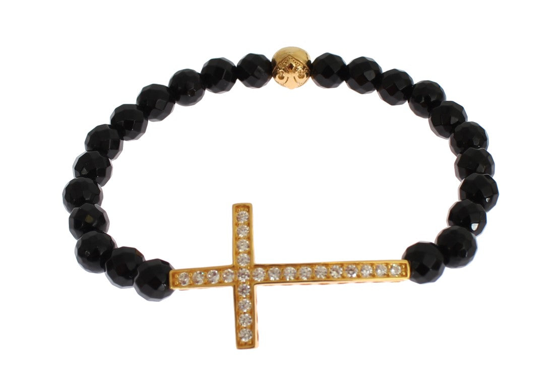 Nialaya Women's Black & Gold Agate Stone CZ Diamond Cross 925 Silver Bracelet – Handmade in Hollywood