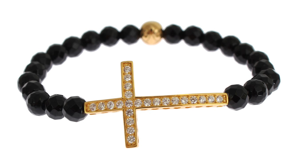Nialaya Women's Black & Gold Agate Stone CZ Diamond Cross 925 Silver Bracelet – Handmade in Hollywood