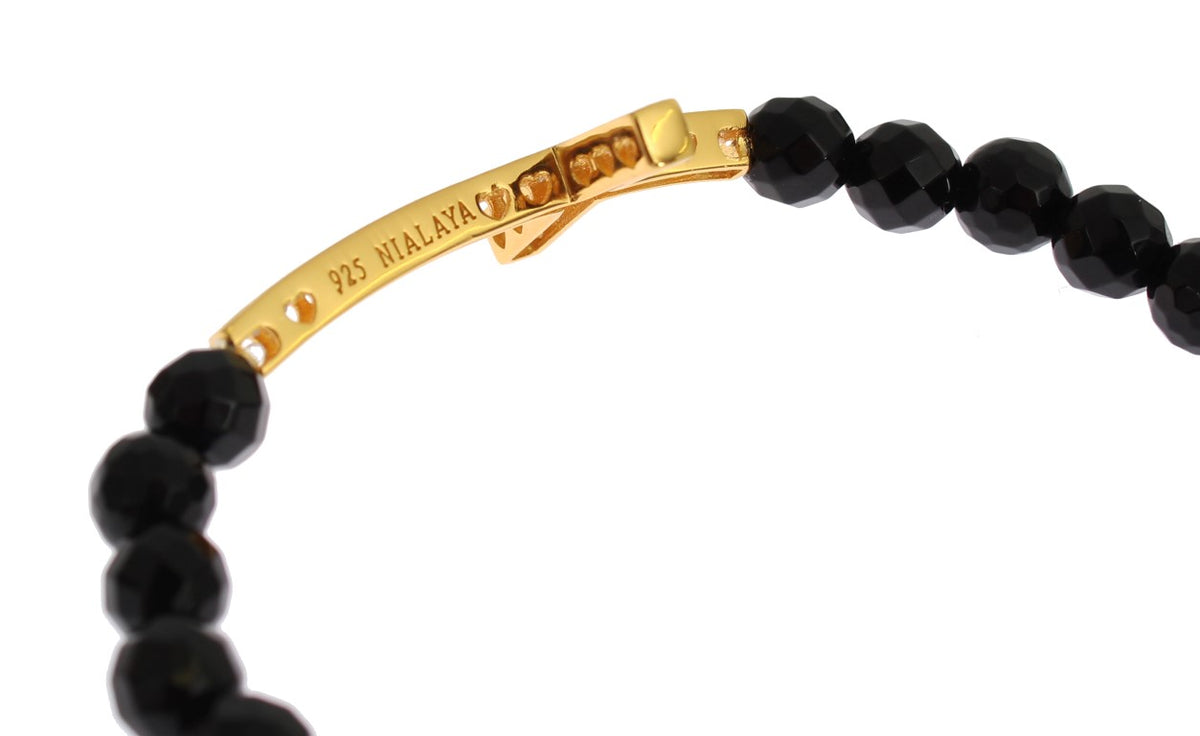 Nialaya Women's Black & Gold Agate Stone CZ Diamond Cross 925 Silver Bracelet – Handmade in Hollywood