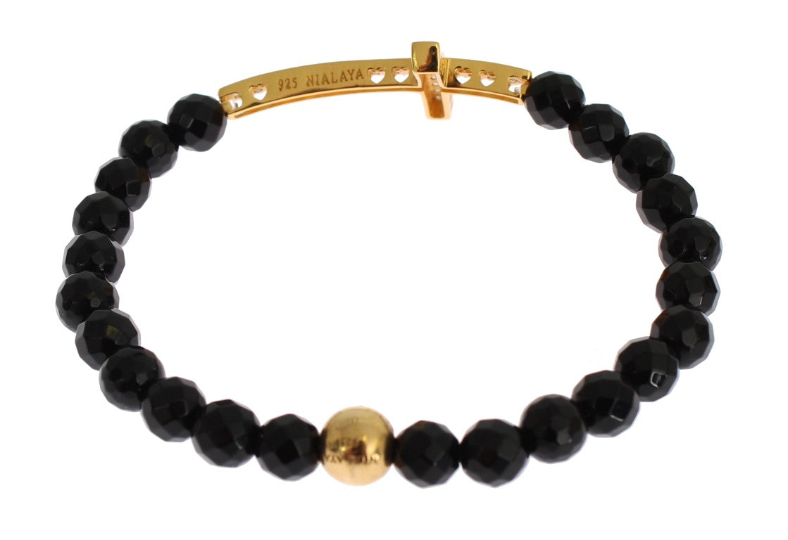 Nialaya Women's Black & Gold Agate Stone CZ Diamond Cross 925 Silver Bracelet – Handmade in Hollywood