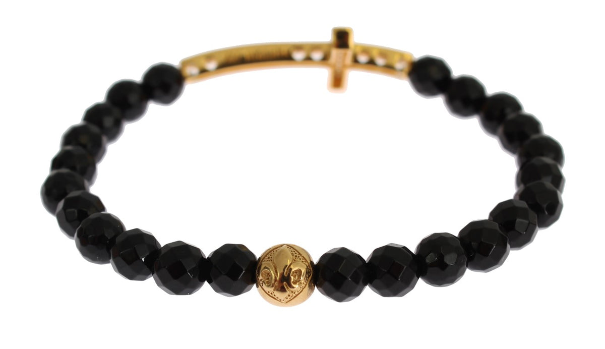 Nialaya Women's Black & Gold Agate Stone CZ Diamond Cross 925 Silver Bracelet – Handmade in Hollywood