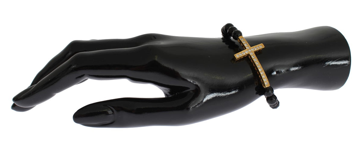 Nialaya Women's Black & Gold Agate Stone CZ Diamond Cross 925 Silver Bracelet – Handmade in Hollywood