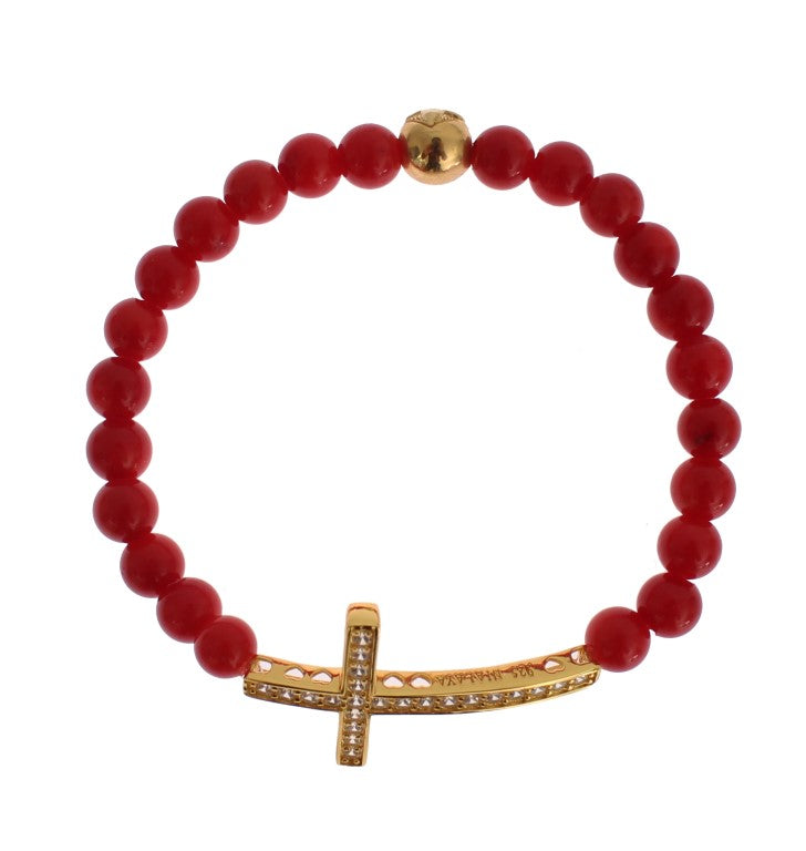 Nialaya Women's Red & Gold Coral Bead CZ Diamond Cross 925 Silver Bracelet – Handmade in Hollywood