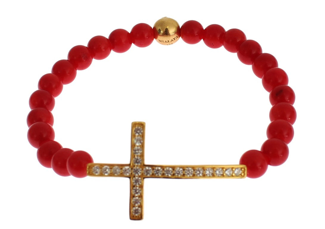 Nialaya Women's Red & Gold Coral Bead CZ Diamond Cross 925 Silver Bracelet – Handmade in Hollywood