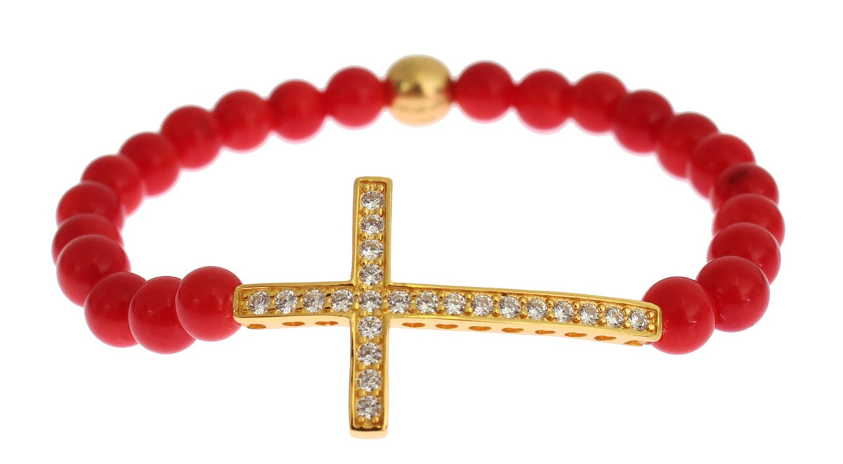 Nialaya Women's Red & Gold Coral Bead CZ Diamond Cross 925 Silver Bracelet – Handmade in Hollywood