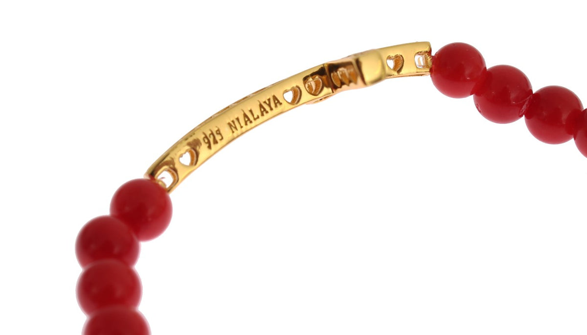 Nialaya Women's Red & Gold Coral Bead CZ Diamond Cross 925 Silver Bracelet – Handmade in Hollywood