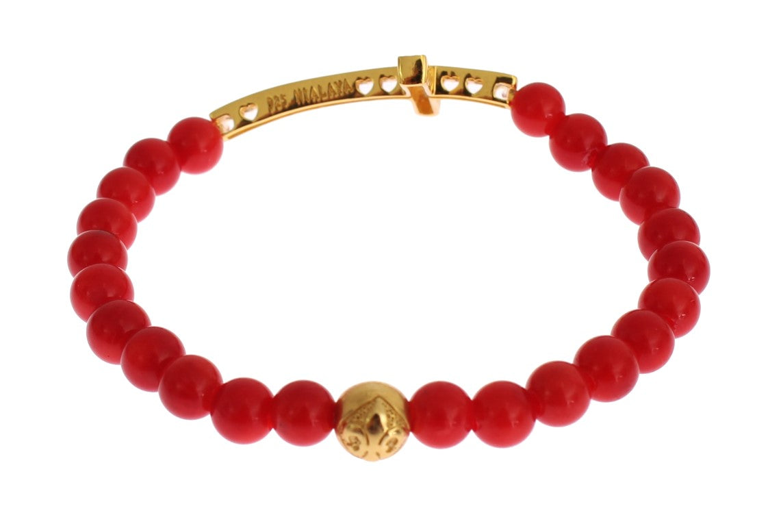 Nialaya Women's Red & Gold Coral Bead CZ Diamond Cross 925 Silver Bracelet – Handmade in Hollywood
