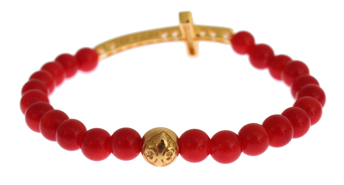 Nialaya Women's Red & Gold Coral Bead CZ Diamond Cross 925 Silver Bracelet – Handmade in Hollywood