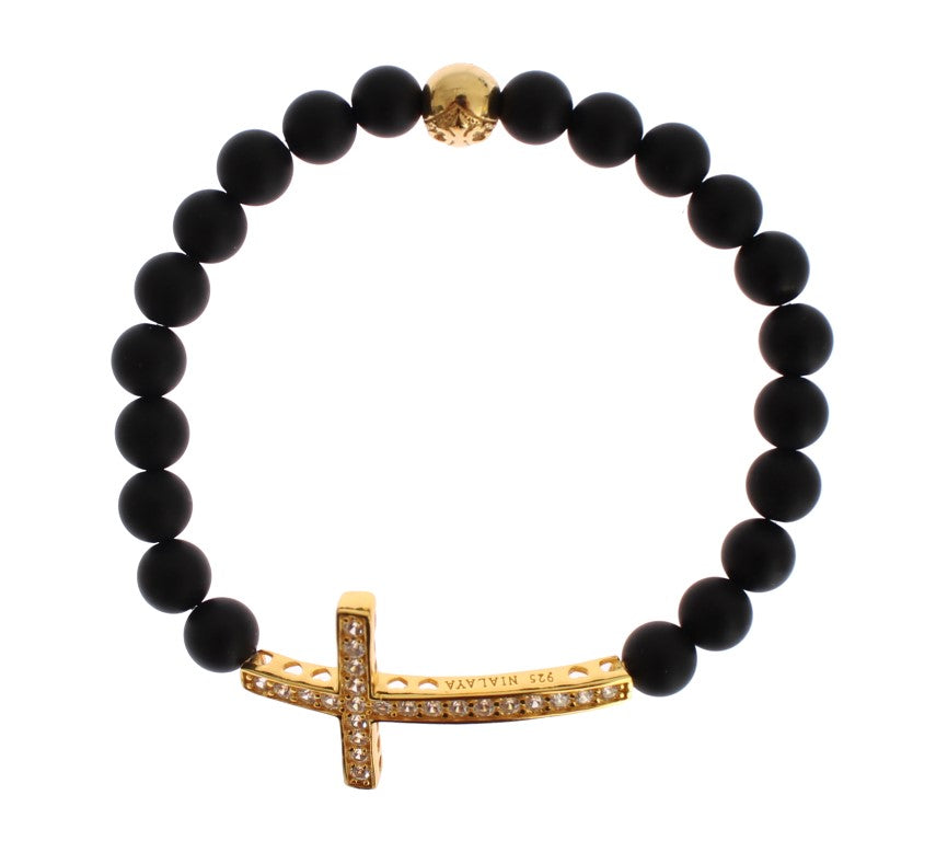 Nialaya Women's Black & Gold Matte Onyx CZ Diamond Cross 925 Silver Bracelet – Handmade in Hollywood