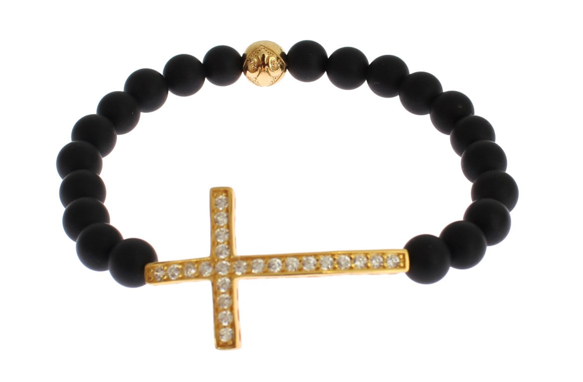 Nialaya Women's Black & Gold Matte Onyx CZ Diamond Cross 925 Silver Bracelet – Handmade in Hollywood