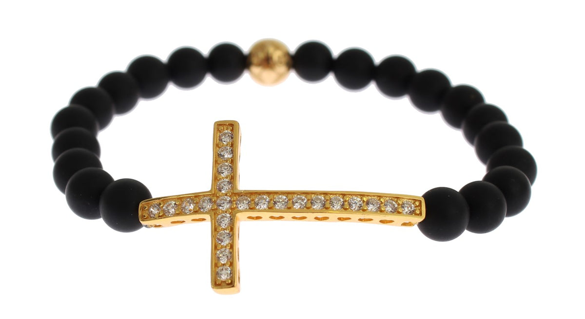 Nialaya Women's Black & Gold Matte Onyx CZ Diamond Cross 925 Silver Bracelet – Handmade in Hollywood