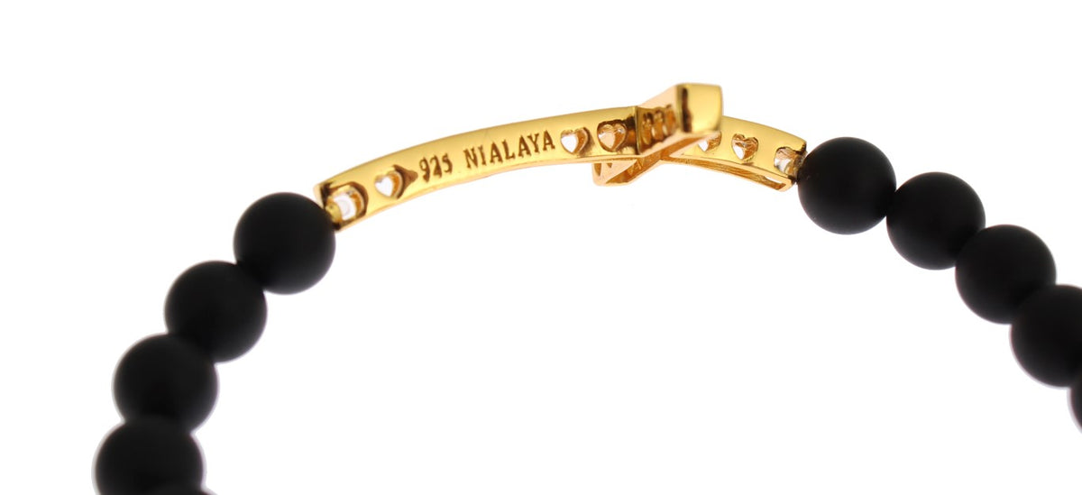 Nialaya Women's Black & Gold Matte Onyx CZ Diamond Cross 925 Silver Bracelet – Handmade in Hollywood