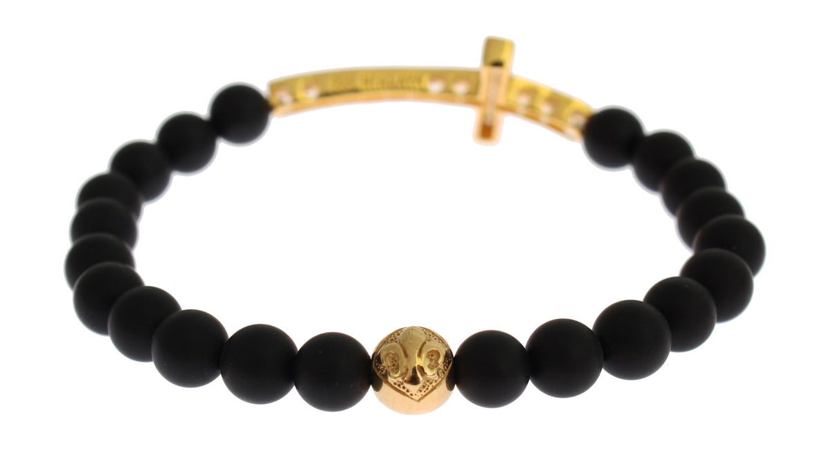 Nialaya Women's Black & Gold Matte Onyx CZ Diamond Cross 925 Silver Bracelet – Handmade in Hollywood