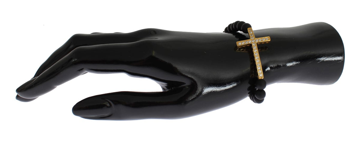 Nialaya Women's Black & Gold Matte Onyx CZ Diamond Cross 925 Silver Bracelet – Handmade in Hollywood