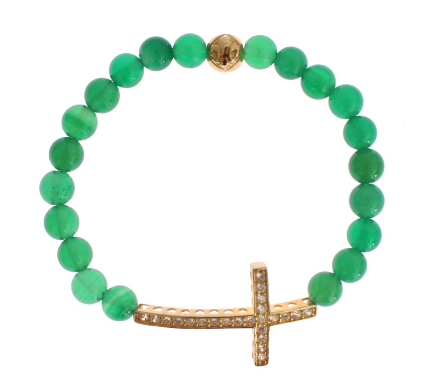 Nialaya Women's Green & Gold Jade Stone CZ Diamond Cross 925 Silver Bracelet – Handmade in Hollywood