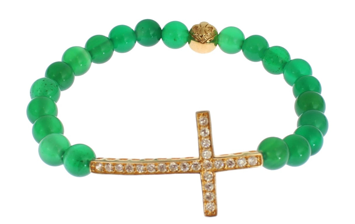 Nialaya Women's Green & Gold Jade Stone CZ Diamond Cross 925 Silver Bracelet – Handmade in Hollywood