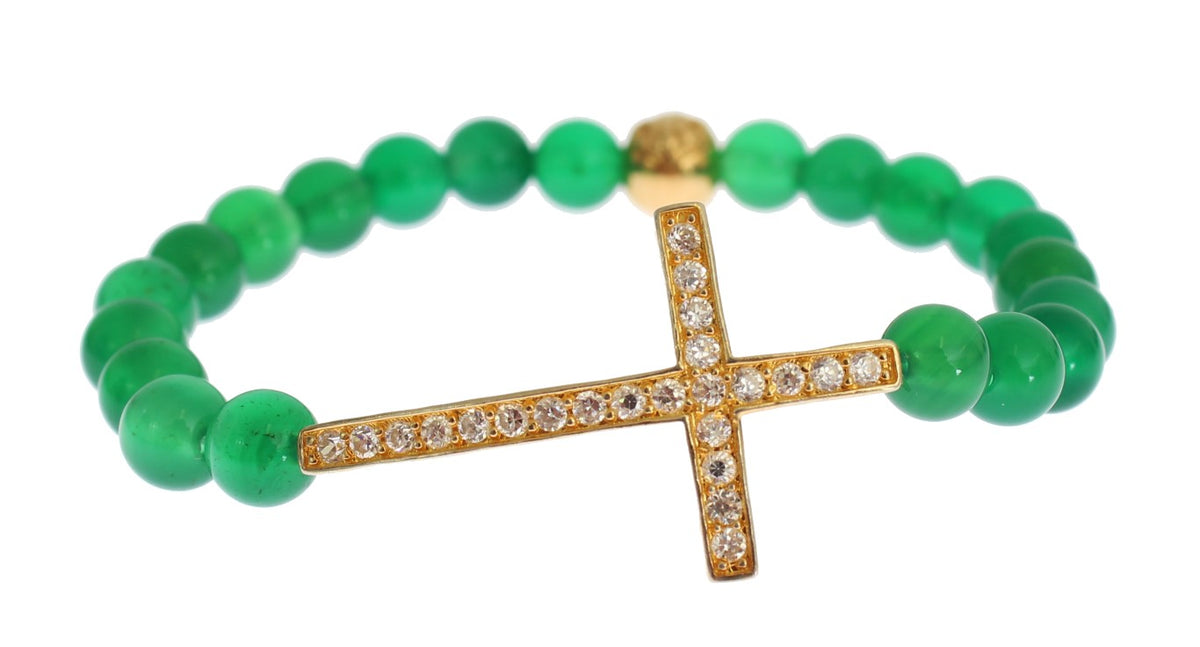 Nialaya Women's Green & Gold Jade Stone CZ Diamond Cross 925 Silver Bracelet – Handmade in Hollywood