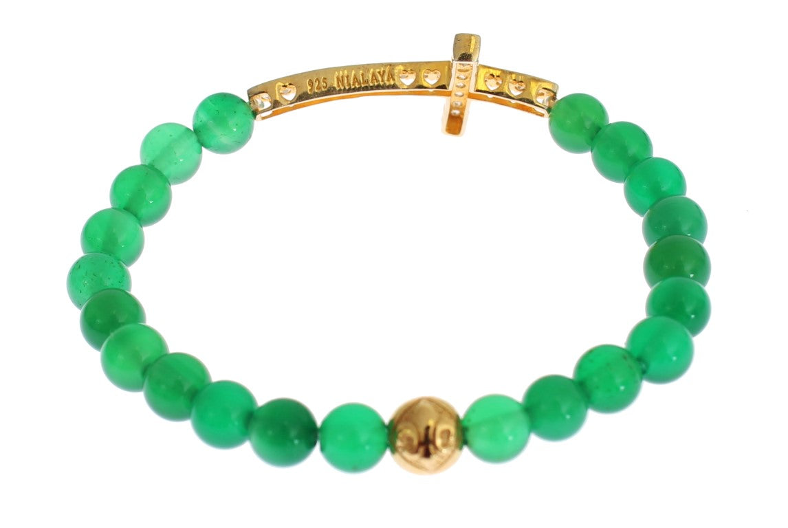 Nialaya Women's Green & Gold Jade Stone CZ Diamond Cross 925 Silver Bracelet – Handmade in Hollywood