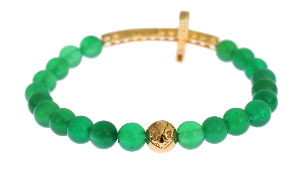 Nialaya Women's Green & Gold Jade Stone CZ Diamond Cross 925 Silver Bracelet – Handmade in Hollywood