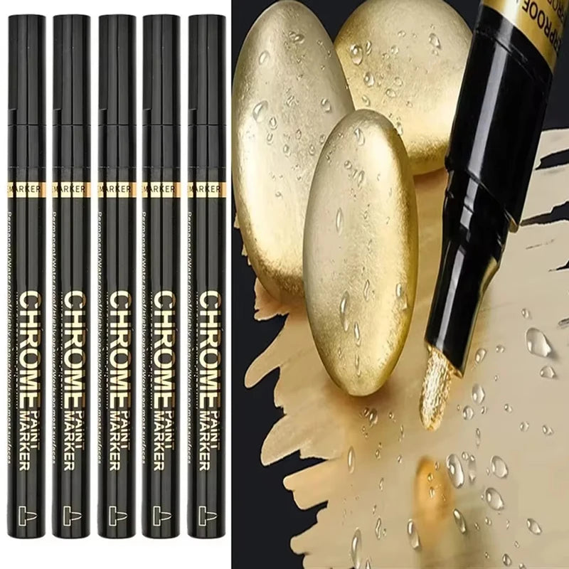 Chrome Mirror Paint Markers – Metallic Gold & Silver Liquid Ink Pens for Glass, Rock, Ceramic & Metal (1–5pcs, 2mm Nib)